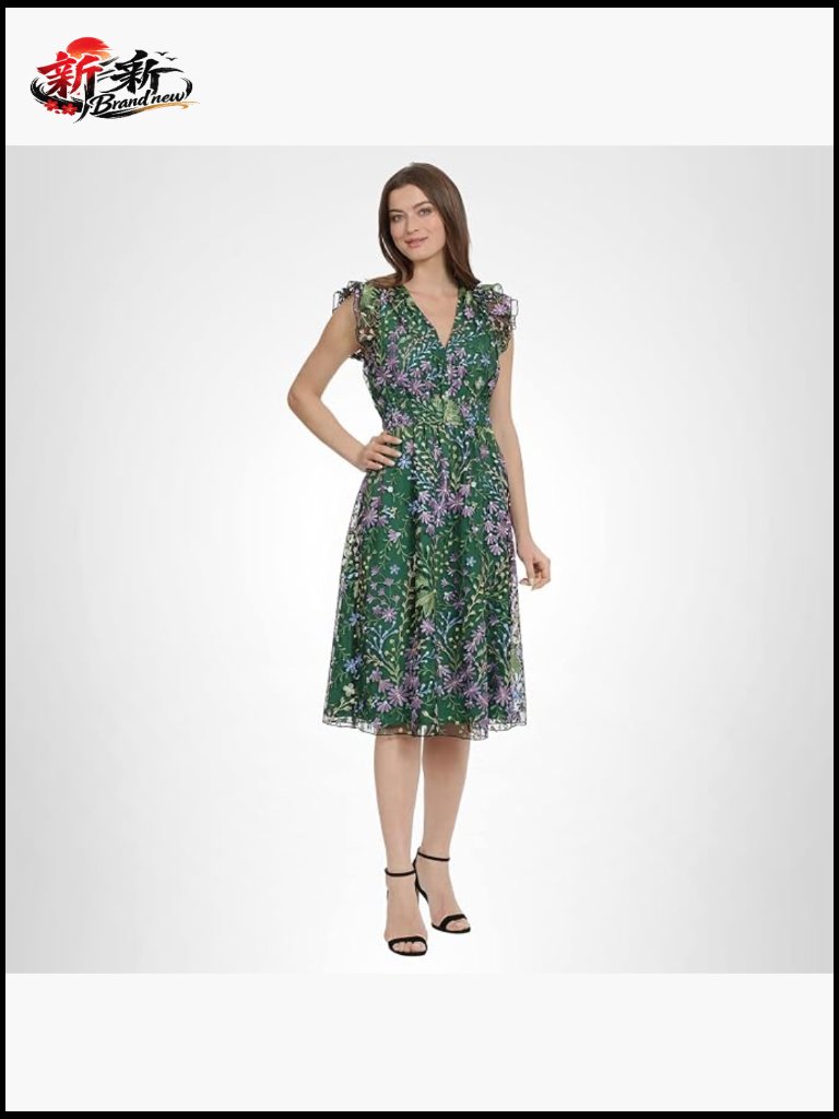 V-Neck Garden Floral Embroidered Dress With Ruffle Sleeves Fit And Flare